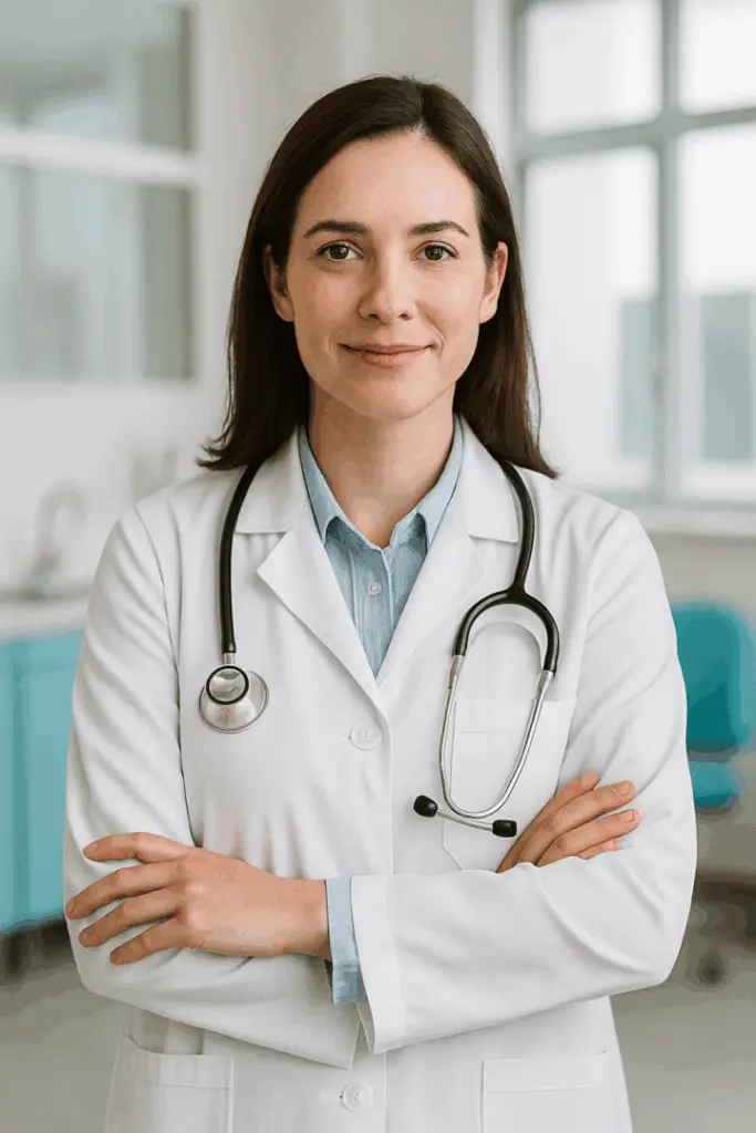 Doctora en consulta médica en consultorio
